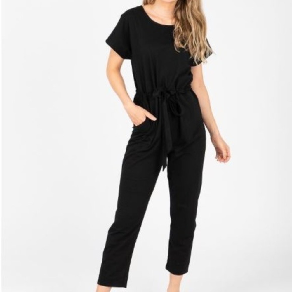 BIANCA CINCH JUMPSUIT velour black short sleeved with tie waist MEDIUM